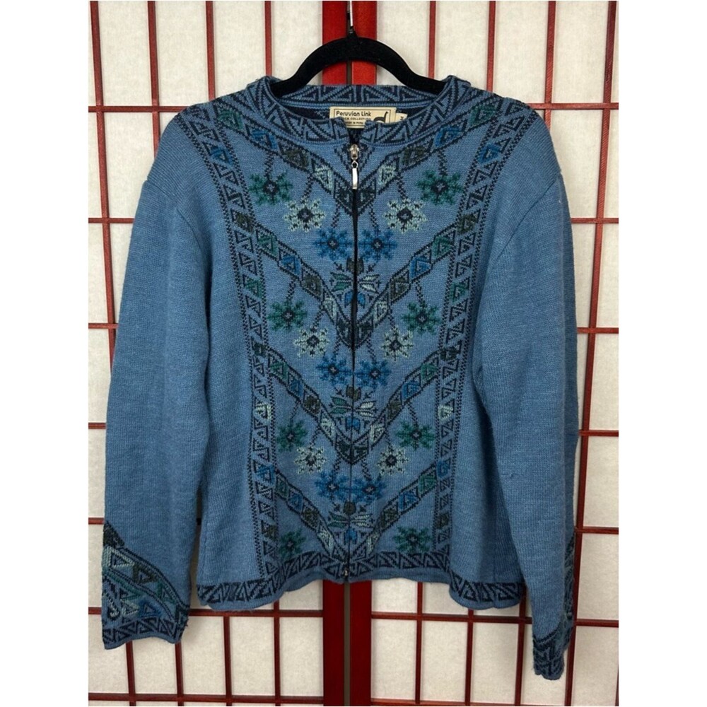 Peruvian Link Blue Full Zip Up Alpaca Wool Geometric Design Cardigan Sweater M